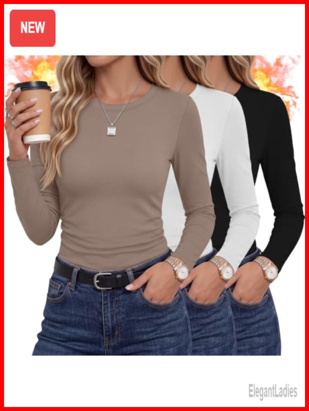 Womens Fleece Lined Thermal Long Sleeve Crew Neck Shirt 3 Pack Slim Fit Winter